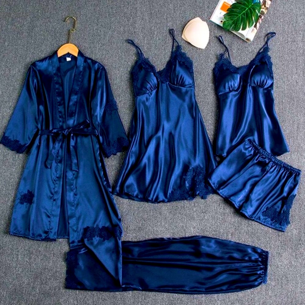 NWT Mulberry Silk Navy 5 Piece Pajama Set